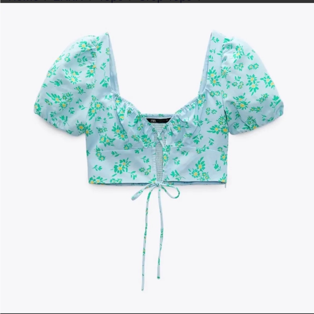 Zara Light Blue and Green Floral Puff Sleeve Blouse